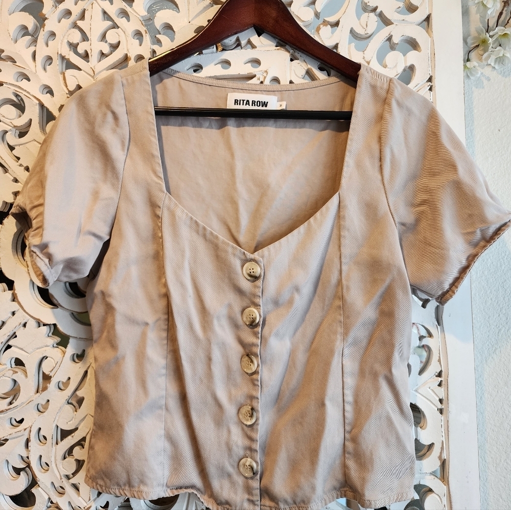 RITA ROW CHIARA TOP SHORT SLEEVES FRONT BUTTON SQUARE NECK CROP TOP SZ MEDIUM - Picture 8 of 10